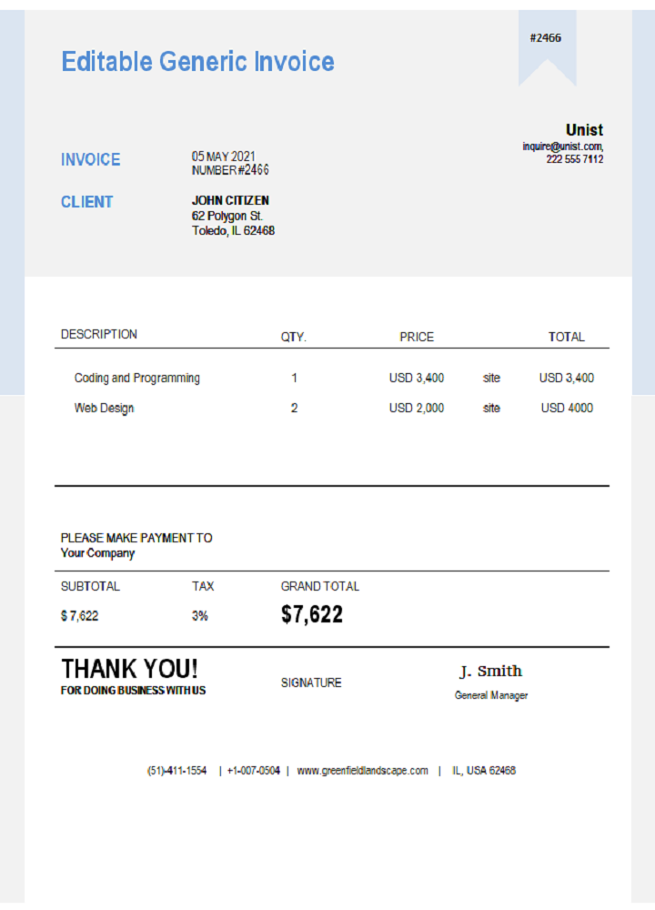 USA Unist invoice PSD template